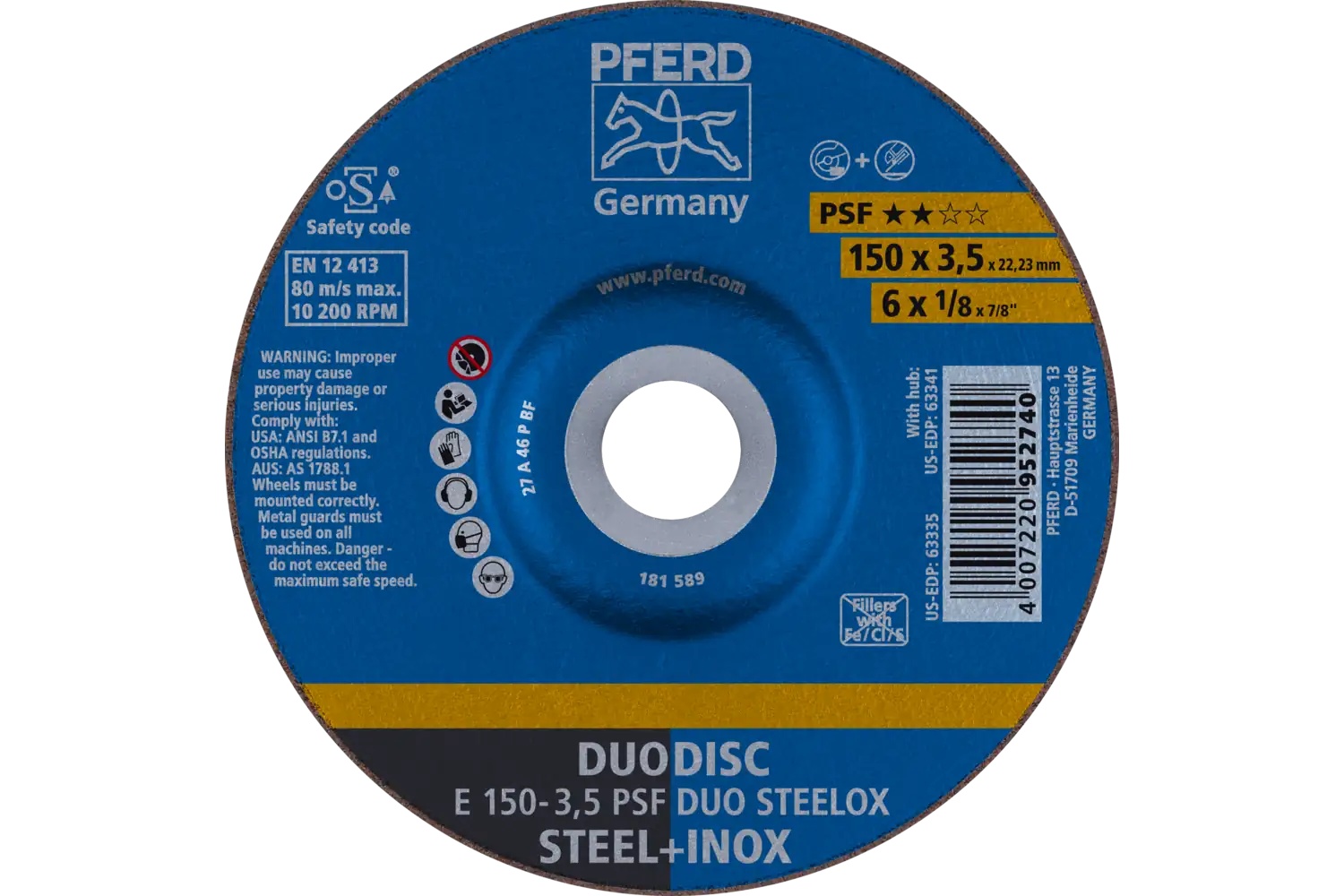 Picture of Pferd Combination Wheel, 6" X 1/8 X 7/8, Psf Duodisc Steelox, T27, Aluminum Oxide